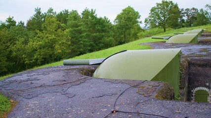 A row of artillery gun turrets sit atop a concrete fortification with a cracked and weathered concrete surface. The background is a dense forest, with a few trees standing out against overcast sky. 