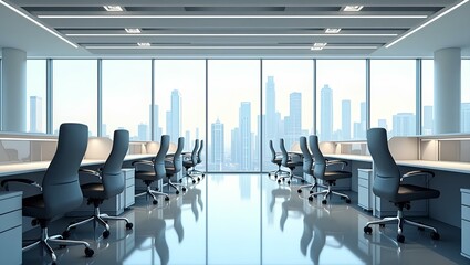 A modern office featuring large windows that showcase a panoramic view of the city skyline