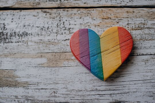 A rainbow-colored wooden heart rests on a rustic table.