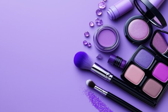 A stunning array of purple makeup products set against a soft background, showcasing beauty essentials neatly.