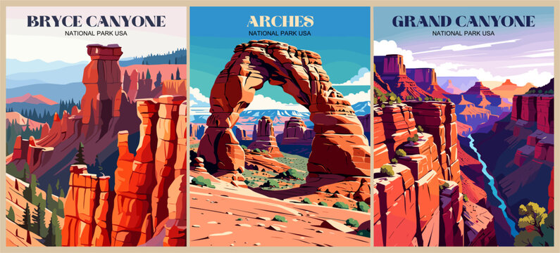 Set of  National parks USA travel destination posters in retro style. Arche, Bryce canyon, Grand Canyon landscape prints. Vector colorful art illustrations 
