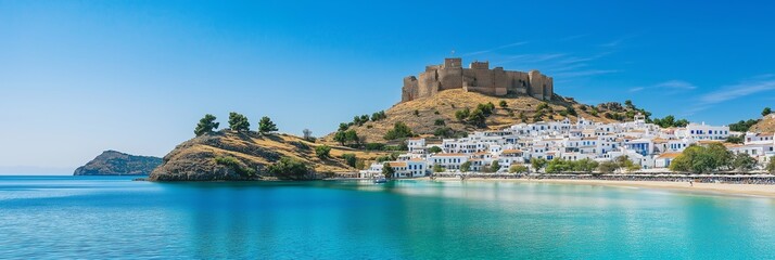 Fototapeta premium A picturesque landscape featuring a castle by the sea.