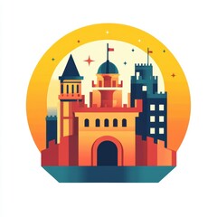 Flat vector illustration of a medieval fortress with towers and flags in a circular frame.