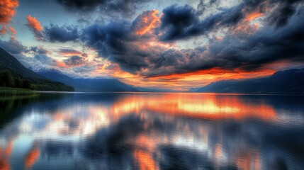 A dramatic sky with dark, billowing clouds over a peaceful, still lake at sunset.