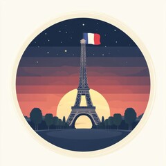 Flat vector illustration of the Eiffel Tower at dusk with a glowing sunset sky.