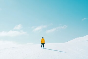 Snowboarder in yellow jacket standing on pristine snowy slope under clear blue sky