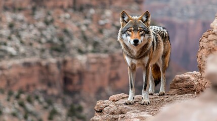 Fototapeta premium Majestic Wolf Perched on Cliffside, Wilderness, Wildlife, and Natural Beauty