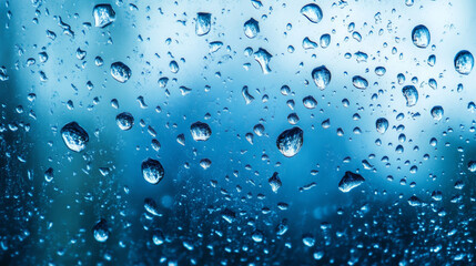 A high-quality abstract wallpaper capturing water droplets, rain, and dew on a blue glass surface, available in multiple screen formats