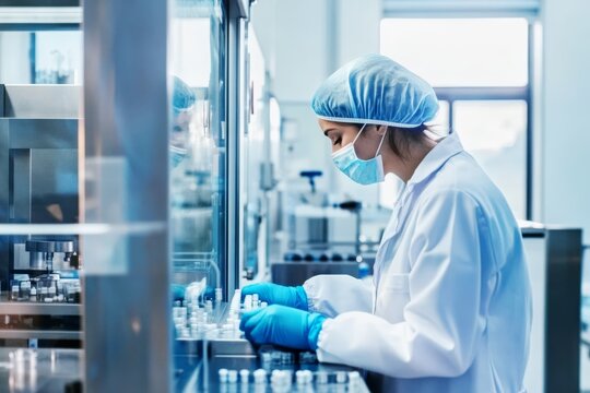 Female laboratory worker inspecting pharmaceutical production line, scientist in protective gear ensuring quality control in medical manufacturing - Powered by Adobe