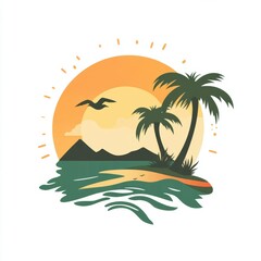 A tropical landscape with palm trees, mountains, and a glowing sun at sunrise.