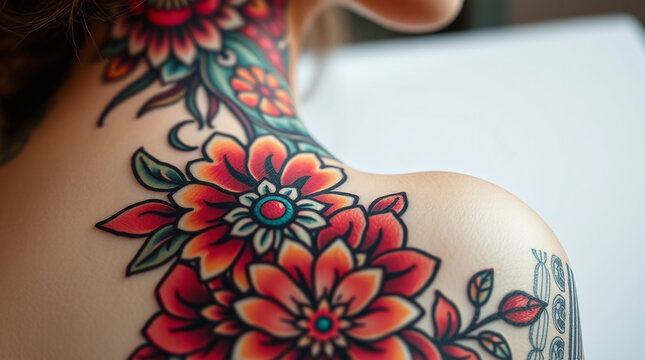 A close-up shot reveals a symbolic traditional tattoo art print of a gift for a beloved woman. Vibrant colors depict detailed creative