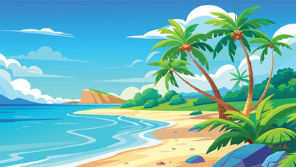 Fototapeta premium Idyllic Tropical Beach Scene with Palm Trees and Azure Ocean under a Sunny Sky