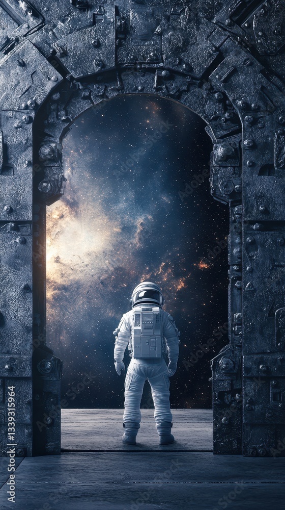 Wall mural an astronaut stands before a celestial view through a portal frame
