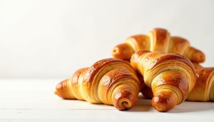 Golden-brown croissants & flaky pastries on white , visuals, stock photo, brown