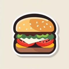 A stylized burger illustration with lettuce, tomato, and cheese in a cartoon style.