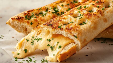 Delicious Cheesy Garlic Bread with Melted Mozzarella, Fresh Parsley, Close Up View