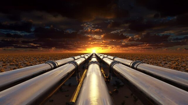 Massive industrial pipelines transport oil, gas, and water across a vast desert landscape, illuminated by a dramatic sunset.