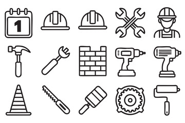 Fototapeta premium A set of simple, black and white line art icons depicting various construction tools and equipment