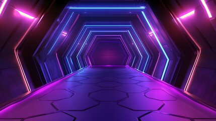 Neon Lit Futuristic Hexagonal Corridor Design