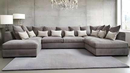 Spacious Gray Sectional Sofa with Soft Cushions and Chic Chandelier in Modern Living Room