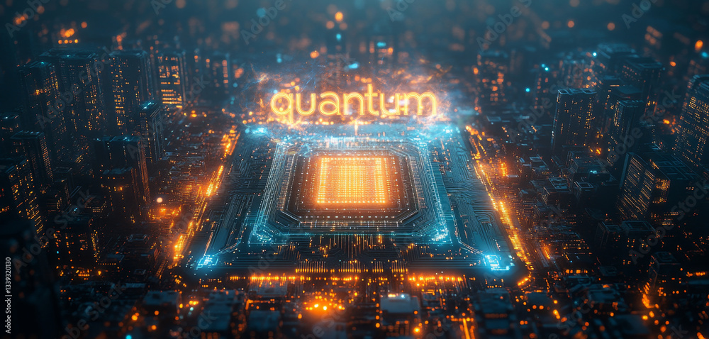 Poster a vibrant digital landscape illustrates a quantum computing hub illuminated by glowing lights.