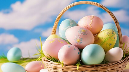 A basket with beautiful eggs on the green grass on a sunny day. Colorful eggs on a blue sky background