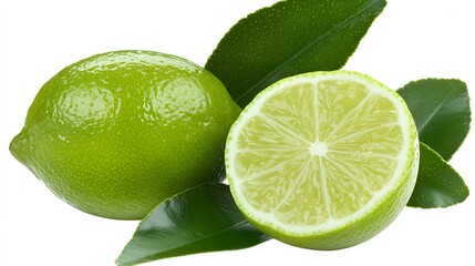 Fresh Green Lime Fruit with Sliced Half and Leaves Isolated on White Background