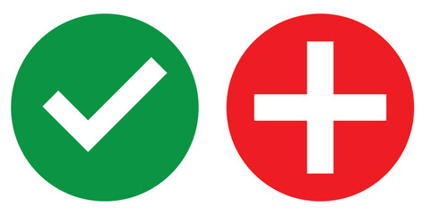 Green check mark, red cross, x mark icon, set of flat rounded right and wrong vector sign concept. tick mark symbol and x cross icon in circle shape. vector set of flat isolated check mark button