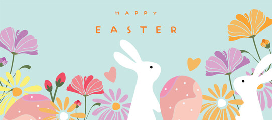 Trendy Easter banner design featuring vibrant typography, spring flowers, decorated eggs, cute bunny. Perfect for a horizontal poster, greeting card, or website header.
