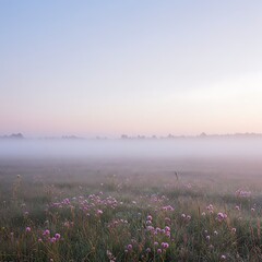 Naklejka premium Misty meadow with soft morning light.
