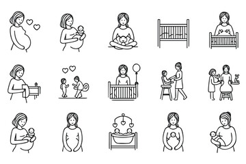 Fototapeta premium A collection of black and white line art illustrations showcases various stages of motherhood