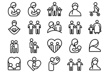 A collection of simple, black line art icons depicting various family structures and relationships