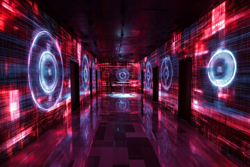 Cyberpunk Corridor Red and Blue Digital Art Installation