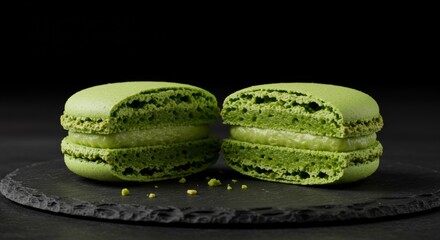 A single, colorful macaron, sliced in half to reveal its delicate layers, displayed on a dark slate plate