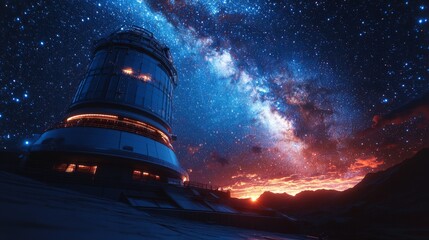 An advanced satellite telescope stands tall under a star-filled sky, capturing telemetry and transmission data of cosmic radiation and astrological wonders at twilight.