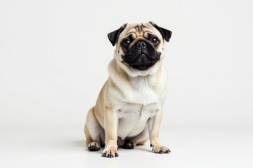 Fototapeta premium Adorable pug dog sits, isolated on white background, adorable, domestic, pet portrait