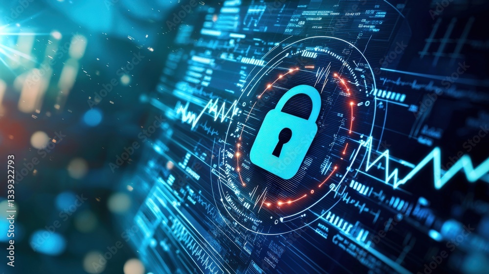 Poster digital security concept with lock symbol and data visualizations