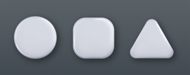 White empty white buttons. Blank glossy round, square and rectangle badges with shadow.