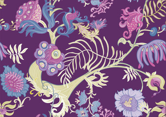 Fantasy, alien hypnotic flowers, decorative flowers and leaves. Cartoon style. Millefleurs trendy floral design. Seamless pattern, background. Outline hand drawing vector illustration.