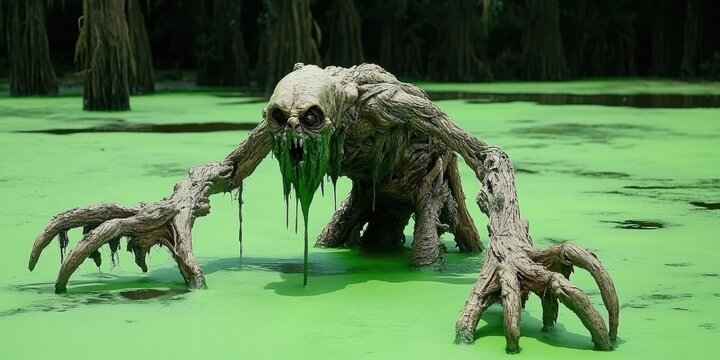 A menacing monster emerges from a murky green swamp environment