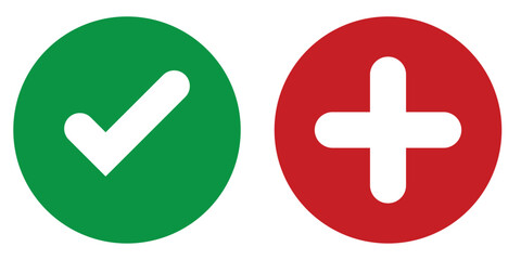 Fototapeta premium Green check mark, red cross, x mark icon, set of flat rounded right and wrong vector sign concept. tick mark symbol and x cross icon in circle shape. vector set of flat isolated check mark button