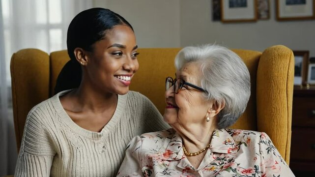 A young African American woman smiling warmly at an elderly Caucasian woman while sitting together in a cozy living room. Concept of intergenerational bonding, care, and family love.