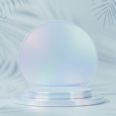 A glossy circular podium is featured prominently in front of a tropical-themed background, creating an ideal setting for a product launch or announcement event