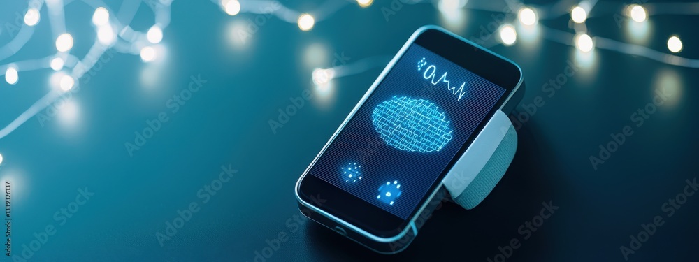 Poster smartphone display with digital data and abstract waves in background
