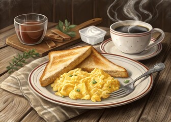  Classic Breakfast Spread: Scrambled Eggs, Toast, and Coffee on Rustic Wood Table