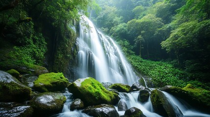 A majestic waterfall cascading down moss-covered rocks in a lush forest. 