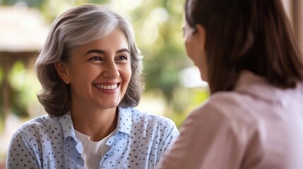 Fototapeta premium Joyful Conversation: Two Women Sharing a Moment of Happiness