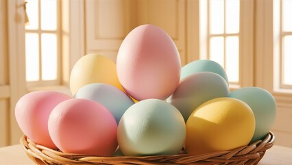Colorful Easter eggs in a basket. Close-up