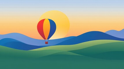 Fototapeta premium A vector landscape illustration of a hot air balloon floating over rolling green hills at sunrise.