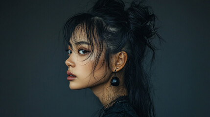 Profile portrait of a young woman with styled hair and earrings.